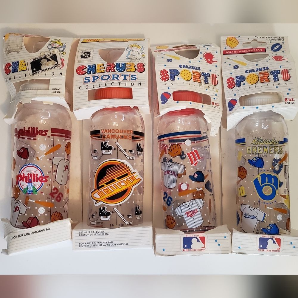 Lot of 4 Vintage Sports Baby Bottles NHL MLB 1991